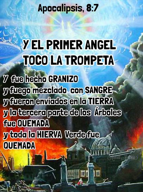 ARACELI MALPICA- Posters : APOCALIPSIS, 8:7 Apocalipsis, 8:7 - Y el primer ángel tocó la trompeta, y fue hecho granizo, y fuego mezclado con sangre, y fueron enviados en la tierra, y la tercera parte de los árboles fue quemada, y toda la hierba verde fue quemada.  Y el primer ángel tocó la trompeta, y fue hecho granizo, y fuego mezclado con sangre, y fueron enviados en la tierra, y la tercera parte de los árboles fue quemada, y toda la hierba verde fue quemada. Christian Posters, Joyce Meyer, Jesus Loves Me, Human Rights, Abba, Bible Quotes, Bible Study, Bible, Jesus