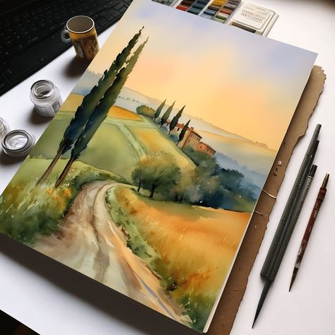 Tuscany Paintings Landscapes, Tuscan Landscape Painting, Watercolor Art Italy, Watercolor Art Architecture, Tuscany Watercolor, Tuscany Paintings, Tuscan Art, Modern Watercolor Paintings, Gorgeous Landscapes