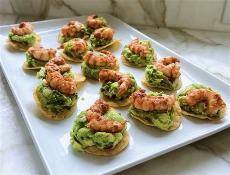 Spot Prawn Tostadas with Guacamole Prawn Tostadas, Prawns Appetizers, Guacamole Chips, Spot Prawns, Frozen Seafood, Homemade Guacamole, Mashed Avocado, Corn Chips, Favorite Appetizers