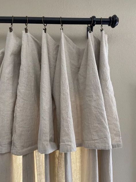 Who all has seen the beautiful drop cloth curtains all over pinterest and instagram? I was seeing them all over the place for months and then decided to give it a try.Initially when we built our house we put 2” faux wood blinds up in all of the bedrooms and on all of the windows on front of the house downstairs.Bringing us to the DIY drop cloth curtains....I love being able to see out without having to look though blinds, but we also wanted some privacy at night. I've looked and looked… Shorten Curtains, Diy Drop Cloth Curtains, Shower Curtain With Valance, Stenciled Curtains, Drop Cloth Projects, Cloth Curtains, Closet Curtains, Pot Rack Hanging, Faux Wood Blinds