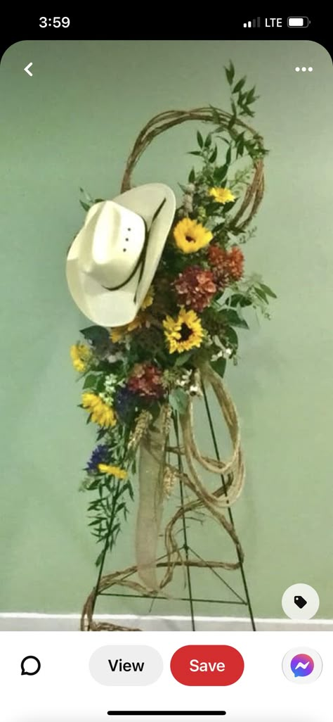 Texas Floral Arrangements, Ranchero Centerpiece Ideas, Tractor Flower Arrangement, Cowboy Flower Arrangement, Cowboy Hat Floral Arrangement, Western Flower Arrangements, Western Floral Arrangements, Cowboy Hat Centerpiece, Cowboy Boot Centerpieces