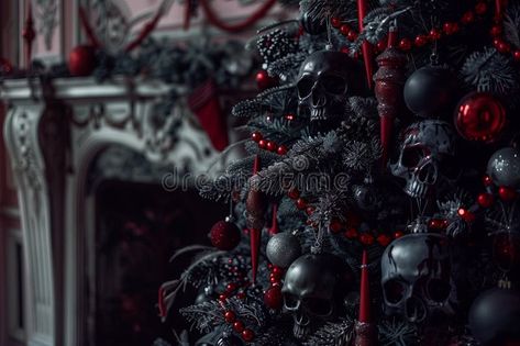 Medium shot, , spooky Christmas tree decorated with dark, gothic ornaments like royalty free stock photo Witch Christmas Tree, Gothmas Tree, Goth Christmas Decorations, Spooky Christmas Decorations, Goth Christmas Aesthetic, Gothic Christmas Aesthetic, Goth Tree, Dark Christmas Decor, Goth Christmas Tree