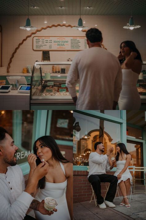 We had so much fun capturing these two while they wandered around downtown Monrovia and ended the day with ice cream date engagement photos! We love getting creative with fun engagement shoot ideas with our couples, especially when it’s a meaningful idea or place for them! See fun unique engagement photos, fun engagement ideas, fun engagement photoshoot, engagement pictures with ice cream and ice cream shop engagement shoot. Book us for your adventure engagement photos at allyandandre.com! Photoshoot Ideas Couples Fun, Engagement Photo Places, Candy Shop Engagement Photos, Save The Date Photoshoot Ideas Creative, Ice Cream Parlor Engagement Photos, Donut Engagement Photos, Creative Photoshoot Ideas For Couples, Engagement Photos Ice Cream Shop, Bakery Engagement Photos