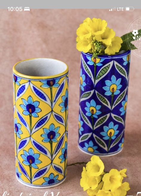 Painted Pottery Designs, Pottery Cylinder, Blue Pottery Designs, Recycled Cans, Dried Flower Vase, Pots Diy, Plant Pot Design, Hand Painted Bottles, Painted Pots Diy