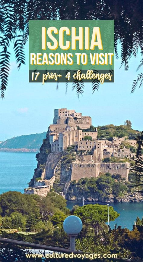 is ischia worth visiting pin cover for pinterest, a portrait view of the Castello Aragonese d'Ischia ruins on an islands surrounded by clear blue waters under blue skies from the another island filled with trees Ischia Island Italy, Italian Islands, Amalfi Coast Travel Guide, Amalfi Coast Itinerary, Ischia Italy, Amalfi Coast Travel, Italian Trip, Italy Holiday, 2023 Travel