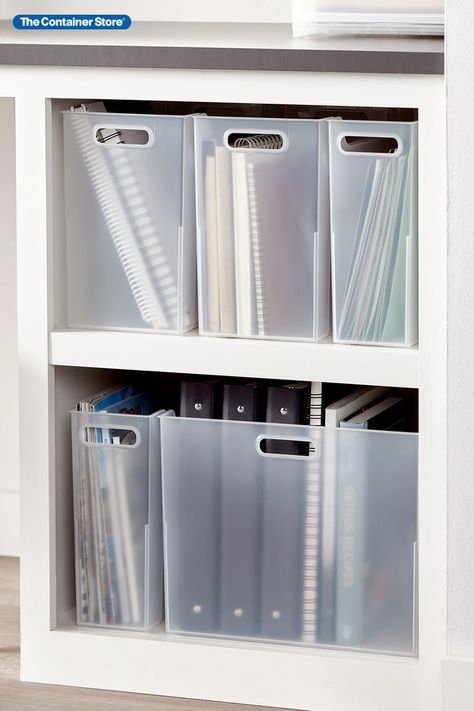 With the modular Shimo Collection, taking a minimalist approach to storage can give you maximum flexibility. These tall bins are durable and easy to carry so you can use them for a variety of functions. Line them up on a shelf to organize large items, notebooks, files or office supplies.They are ideal for storing crafts, toys or linens. Their sleek, translucent design looks great with any style. Integrated handles keep everything portable. Small Office Organization, Notebook Storage, School Supply Storage, Home Office Shelves, Desk Organisation, Office Organisation, Stationary Organization, Storage Room Organization, Office Shelf