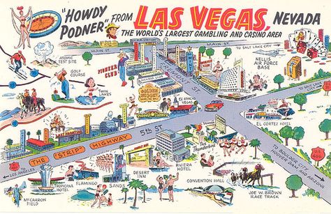 Vintage Cartoon Las Vegas Map Las Vegas Strip Map, Old Las Vegas, Las Vegas Map, Old Vegas, Boulder City, Display Boards, Las Vegas City, Vegas Hotel, Downtown Las Vegas