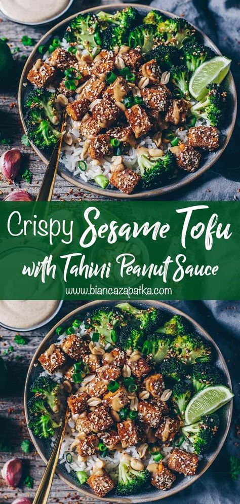 Crispy Sesame Tofu with Tahini Peanut Sauce, Broccoli and Rice Sprouted Tofu Recipes, Tahini Tofu, Tahini Tofu Recipe, Tofu Tahini Recipe, Sesame Tofu Salad, Broccoli And Tofu, Broccoli Tofu Salad, Tofu Broccoli Recipes, Crispy Tofu Bowl