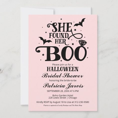 She Found Her Boo Halloween Bridal Shower Invitati Invitation  Zazzle She Found Her Boo, Halloween Bridal Showers, Halloween Wedding Invitations, Bridal Party Games, Bat Ring, Cute Typography, Bridal Shower Inspo, Pink Halloween, Halloween Invitations