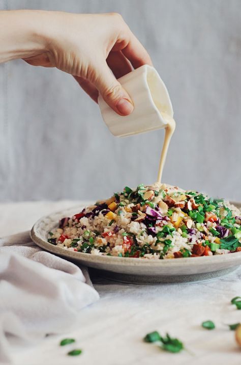 Thai Cauliflower Rice Salad with Peanut Butter Sauce | The Awesome Green Thai Cauliflower, Cauliflower Rice Salad, Salad Taco, Salad Macaroni, Salad Kale, Peanut Butter Sauce, Salad Pasta, Rice Salad, Cauliflower Recipes