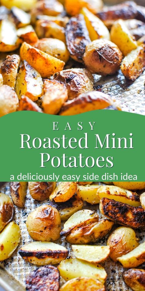 Roast Mini Potatoes, Mini Potato Recipe, Roasted Mini Potatoes, Roasted Baby Potatoes, Dinners Easy, Mini Potatoes, Greek Seasoning, Vegan Side Dishes, Side Dish Recipes Easy