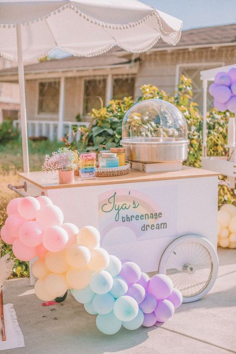 Sweet To Be Three Birthday Party, Pastel Rainbow Centerpiece Ideas, Threenage Dream Party Ideas, Threenage Dream Party, Threenage Dream, Chai Cart, Pastel Rainbow Birthday Party, Threenager Party, Cotton Candy Cart