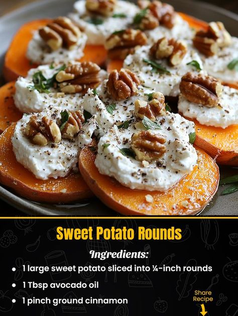 Family Cook Recipes | Sweet Potato Rounds with Herbed Ricotta and Walnuts | Facebook Sweet Potato And Ricotta, Sweet Potato Ricotta Recipes, Recipes Sweet Potato, Sweet Potato Rounds, Herbed Ricotta, Sweet Potato Crisps, Potato Boats, Potato Rounds, Sweet Potato Slices