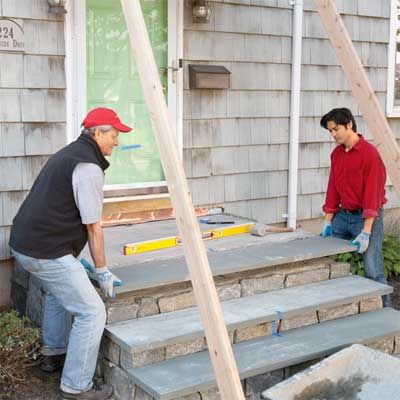 front steps cladding Concrete Front Steps, Front Porch Stairs, Front Porch Steps, Front Door Steps, Porch Stairs, Front Stairs, Concrete Patios, Patio Steps, Natural Stone Veneer