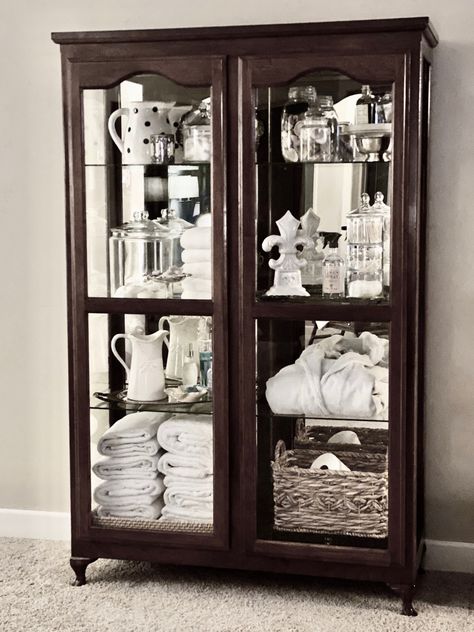 Bathroom Cabinet With Glass Doors, Tuscan Bathroom, Style Shelves, Modern Ranch House, Styling Shelves, Bathroom Linen Cabinet, Welcome To My House, Bathroom Design Inspiration, Linen Cabinet