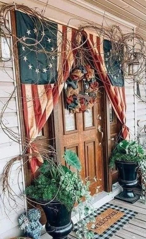 Front Porch American Flag, American Flag Front Of House, American Flag On House Exterior, Patriotic House Exterior, Fourth Of July Porch, 4th Of July Front Porch Decor, American Flag Bunting Porch, Americana Cottage, Blue Entryway