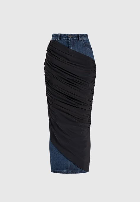 Draping Skirt Design, Denim High Fashion, Causal Chic Outfits, Skirt Design Ideas, Unique Skirts Design, Fashion Collection Inspiration, Maxi Denim Skirt, Skirt Inspiration, Stylish Skirts