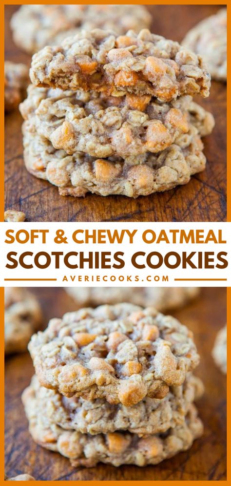 Oatmeal Scotchies Recipe (Oatmeal Butterscotch Cookies!) - Averie Cooks Scotch Cookies, Oatmeal Scotchies Cookies, Scotchies Cookies, Oatmeal Butterscotch, Oatmeal Scotchies, Oatmeal Butterscotch Cookies, Chocolate Marshmallow Cookies, Chocolate Chip Shortbread Cookies, Butterscotch Cookies