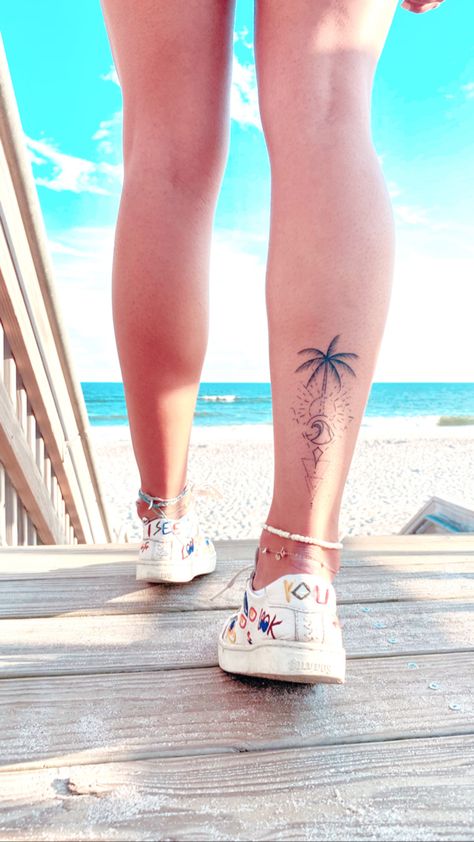 Womens Beach Tattoo Ideas, Cancun Mexico Tattoo Ideas, Simple Beach Tattoo For Women, Tenerife Tattoo Ideas, Beach Tattoos For Women Sleeve, Back Calf Tattoos For Women, Curacao Tattoo, Small Tropical Tattoo, Small Beach Tattoo