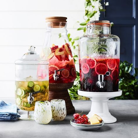 8 Things You Need For Summer Entertaining; a hydration bar Outdoor Serving Tray, Watermelon Tequila, Rosé Sangria, Watermelon Pops, Rose Sangria, Glass Beverage Dispenser, Blueberry Mint, How To Make Water, Best Time To Eat