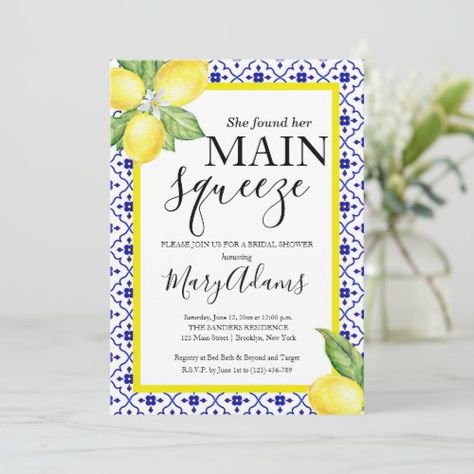 Lemon Bridal Shower Invitation, Blue Tile Italian for $3.29 - Bridal Shower Invitations Italian Invitation, Nex York, Italian Bridal Showers, She Found Her Main Squeeze, Found Her Main Squeeze, Butterfly Wedding Invitations, Lemon Themed Bridal Shower, Main Squeeze, Portugal Wedding