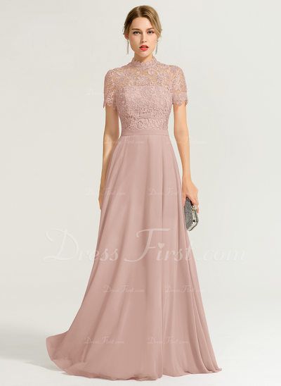 High Neck Bridesmaid Dresses, High Neck Dress Formal, Pattern Dresses, Lace Chiffon Bridesmaid Dress, Bridesmaid Dresses With Sleeves, Dresses Design, Bridesmaid Dressing Gowns, Floor Length Chiffon Bridesmaid Dresses, Lace Bride