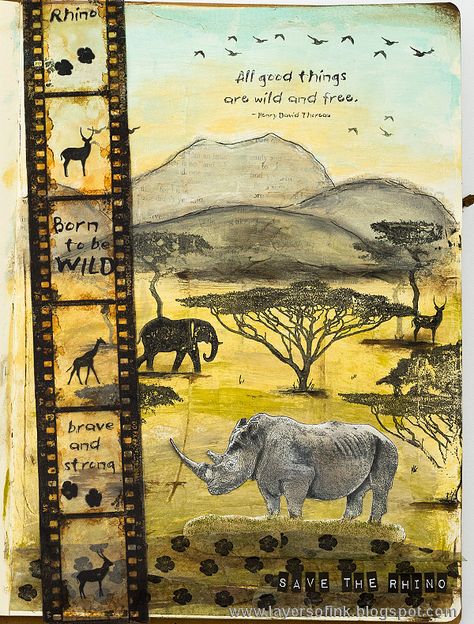 Layers of ink - Safari Art Journal Page Tutorial by Anna-Karin with stamps by Darkroom Door. Animal Journaling, Vet Inspiration, Africa Scrapbook, African Trees, Safari Scrapbook, Animal Journal, Darkroom Door Stamps, Darkroom Door, African Tree