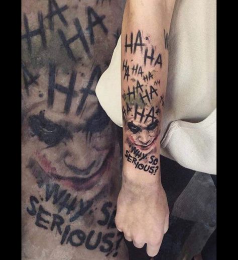 Joker Tattoo Arm, Joker Arm Tattoo, Joker Hahaha Tattoo, Ha Ha Ha Joker Tattoo, Why So Serious Tattoo, Calf Tattoos For Women, Tatts Ideas, Hahaha Joker, Pop Culture Tattoos