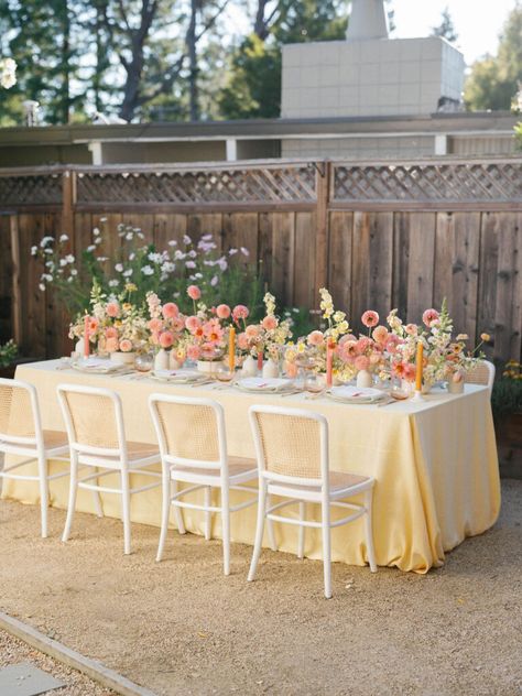 A Summer Bridal Shower Brunch | meagbreanneevents.com Malibu Vibes, Bridal Garden Party, Pink Yellow Weddings, Backyard Garden Party, Tapper Candles, Table Florals, Brunch Decor, Summer Bridal Showers, Bridal Shower Tables