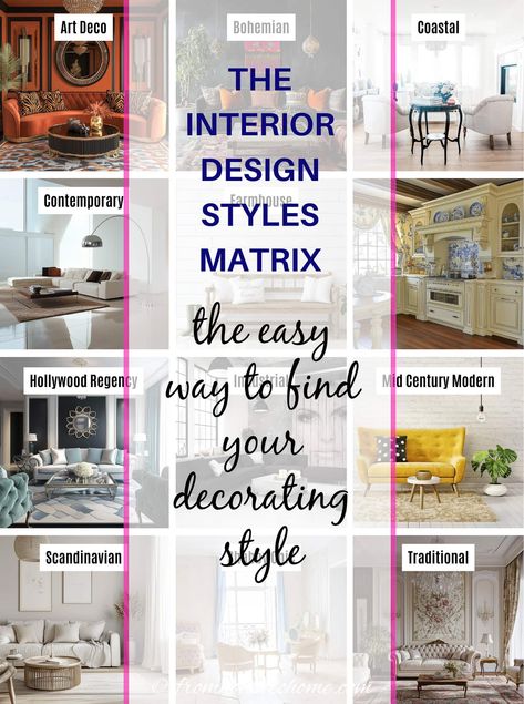 The interior design styles matrix: The easy way to find your decorating style What Is My Design Style Quiz Home Decor, What Is My Decorating Style Quiz, What Is My Design Style, Decorating Styles Find Your Quiz, Home Decor Styles Quiz, What Is My Decorating Style, Interior Design Quiz, Types Of Decorating Styles, Find Your Interior Design Style