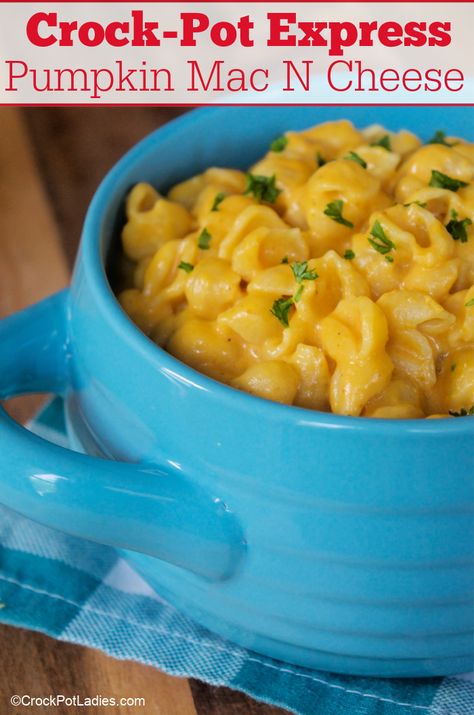 Crock-Pot Express Pumpkin Mac N Cheese - The perfect fall entrée or side dish, this recipe for Crock-Pot Express Pumpkin Mac N Cheese is super tasty and easy to make too! [Low Calorie, Low Carb, Low Fat, Low Sugar & Vegetarian] #CrockPotLadies #CrockPotExpress #PressureCooker #InstantPot #Pumpkin #PumpkinRecipes #MacNCheese #MacaroniAndCheese #Dinner #KidFriendly #EasyRecipes #Thanksgiving Slow Cooker Pumpkin Mac And Cheese, Crockpot Pumpkin Mac And Cheese, Pumpkin Mac N Cheese, Pumpkin Crockpot, Low Calorie Low Carb, Pumpkin Mac And Cheese, Low Carb Low Fat, Savory Pumpkin Recipes, Pasta Meals