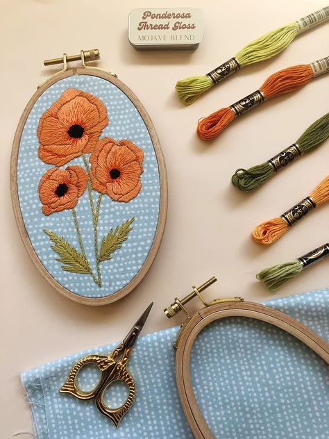 Hold On To That Summer Feeling with the Poppies Embroidery Kit Blue Pattern Fabric, Poppy Embroidery, Embroidery Stitches Beginner, Hand Embroidery Kits, Hand Embroidery Kit, Diy Craft Kits, Modern Embroidery, Embroidery Needles, Bag Patterns To Sew