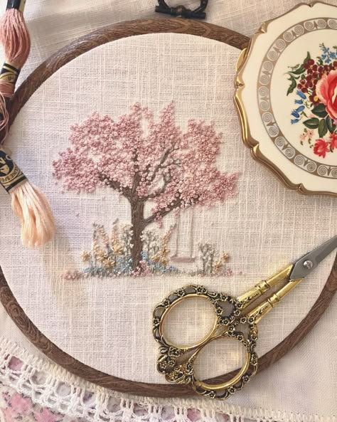 Cottagecore Knitting Aesthetic, Cross Stitch Cottagecore, Cottagecore Embroidery Pattern, Embroidery Cottagecore, Embroidered Cherry Blossoms, Cherry Blossom Embroidery Design, Blossom Tree Embroidery, Cherry Blossom Embroidery Pattern, Embroidery Designs Cottagecore