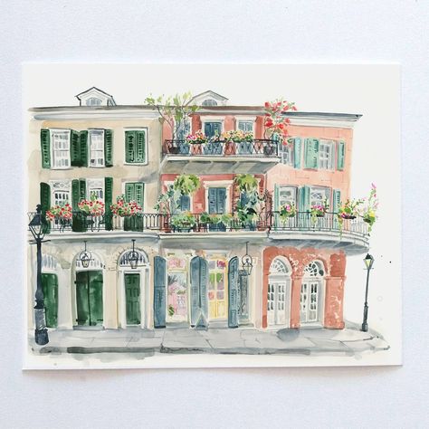 Painted in delicate watercolor on a clean white background by local New Orleans artist Lyla Clayre, a scene of her beautiful French Quarter Studio. Grab a few and make your very own collage of New Orleans. Hand signed 5" x 7" archival quality fine art print Packaged with post-consumer 100% recycled backing board and clear protective sleeve Made in New Orleans, painted on location in the French Quarter Future Wall, Clean White Background, Jazz Painting, New Orleans Art, Palm Tree Art, Delicate Watercolor, Building Illustration, Oil Pastel Art, Watercolor Ideas