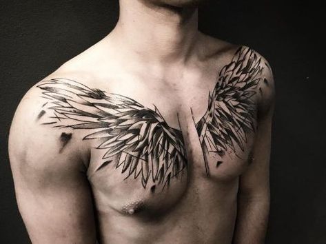 tatuajes de alas en el pecho al estilo trash polka Chest Tattoo With Meaning, Chest Tattoo Wings, Eagle Chest Tattoo, Winter Tattoo, Tattoo On Chest, Wing Tattoo Men, Wing Tattoo Designs, Cool Chest Tattoos, Angel Wings Tattoo