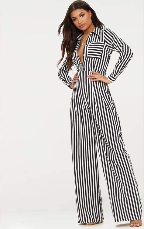 Modish Black Button Striped Long Sleeve Through Jumpsuit🖤 Stripe Outfits, Jumpsuit Online, Pin Stripe, Striped Jumpsuit, Daily Dress, Jumpsuit Fashion, African Fashion Dresses, Sustainable Clothing, Black Button