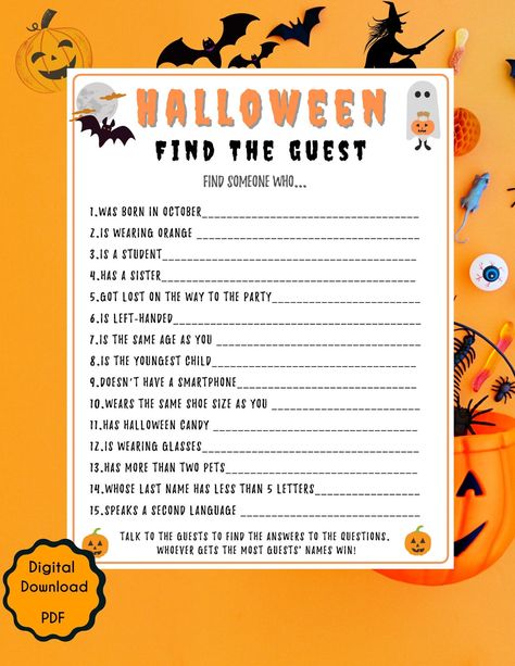 "Halloween Find The Guest Game | Spooky Halloween Printable Game | PDF | Scary Witch | Zoom l Halloween Party Game l Adults Kids Party Game l Easy to print at home and fun to play! NO PHYSICAL PRODUCT WILL BE SHIPPED ★ WHAT YOU GET ★ Halloween Find The Guest Game <2 PDF Files> PDF Files with White Background : * 1 game Card on 8.5x11 inch page *2 game Cards on 8.5 x 11-inch page with Crop marks ( easy cut!) ★ Get The Bundle★ Halloween 5 Game Bundle: https://www.etsy.com/listing/1064795909 Witch Games For Adults, Witch Party Games For Adults, Halloween House Party Games, Halloween Themed Games For Adults, Halloween Office Party Games, Halloween At Home Ideas For Kids, Fun Halloween Party Games For Kids, Kids Halloween Party Ideas Games, Kids Halloween Party Activities