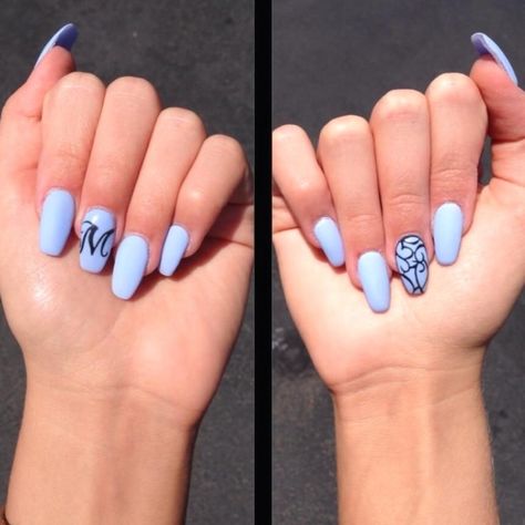 Nails M Initial, M Initial Nails, M Initial On Nail, Nails With M Initial, Initial Nails, Time Nails, Ballerina Nail, Nails Ballerina, Light Blue Nails