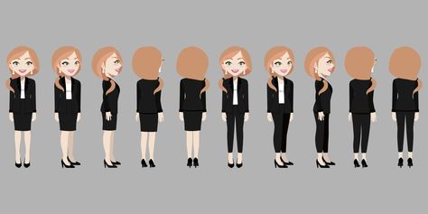 Cartoon character with business woman in suit for animation. Front, side, back, 3-4 view character. Flat vector illustration. Woman In Suit, Character Flat, Flat Vector Illustration, Person Standing, Flat Vector, Body Poses, Animated Characters, Business Outfits, Cartoon Character