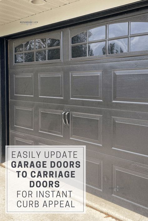 Want the look of carriage doors without the cost? Update your curb appeal with a garage door makeover. It's all about the hardware and windows Small Garage Door, Garage Door Update, Garage Door Security, Black Garage Doors, Garage Door Paint, Carriage Garage Doors, Garage Door Hardware, Garage Door Windows, Garage Door Styles