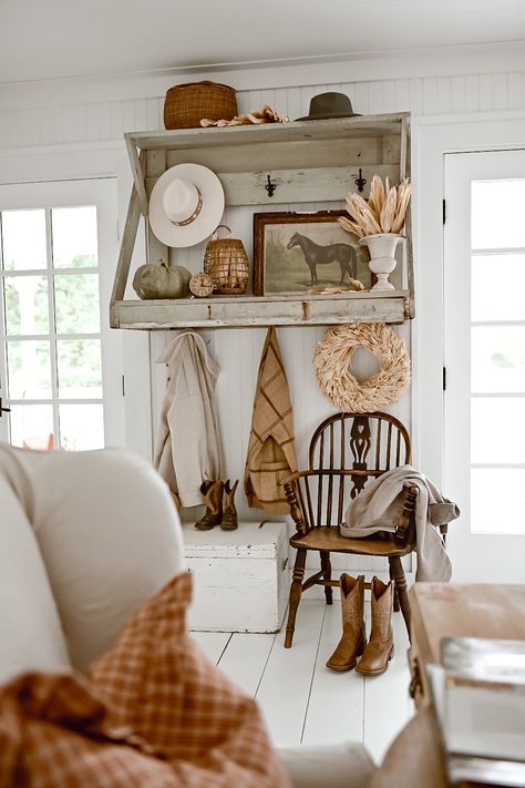 Cozy White Cottage, The Found Cottage, Liz Marie, Liz Marie Blog, Cozy Fall Decor, Fall Decor Inspiration, Entry Way Design, Farmhouse Fall Decor, Rustic Cottage