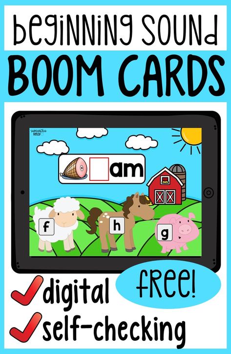 Grab this free self-checking, fully-digital resource for beginning sounds practice! Kids LOVE Boom Cards! Free Boom Cards Kindergarten, Boom Cards Kindergarten, Free Boom Cards For Preschool, Boom Cards Free, Free Boom Cards, Digital Learning Classroom, Speech Therapy Games, Cvc Word, Beginning Sound