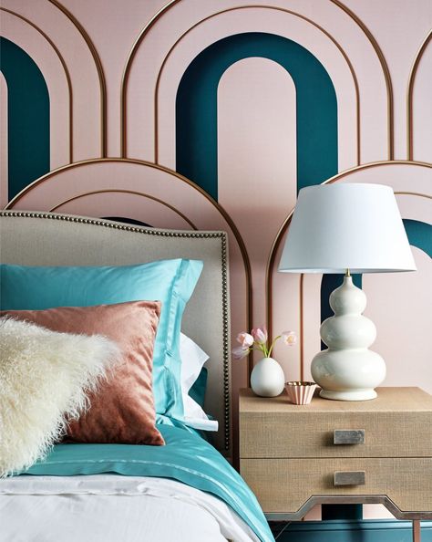 Pink And Teal Bedroom, Colored Bedding, Art Deco Style Interior, Pink Headboard, Bold Paint Colors, White Accent Pillow, Pink Art Deco, Teal Bedroom, Bedroom Pink