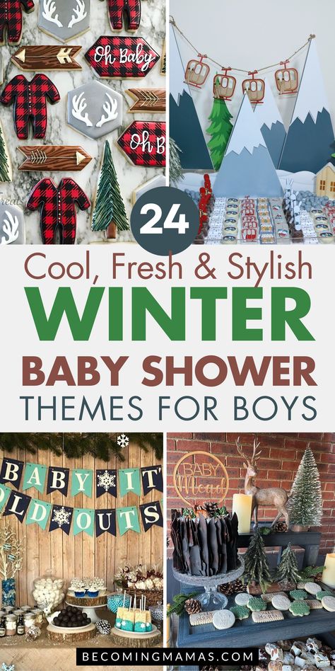 Check out these 24 magical winter baby boy baby shower ideas, from snowy wonderlands to polar bears, cocoa and plaid, snowmans and mountains. Get inspired and start planning! Boy Themed Baby Shower Ideas February, January Baby Boy Shower Ideas, Ski Themed Baby Shower Ideas, Flannel Baby Shower Ideas, Winter Boy Baby Shower Themes, January Baby Shower Themes For Boys, Woodland Winter Baby Shower Ideas, Boy Winter Baby Shower Ideas, Baby It's Cold Outside Baby Shower Theme Boy