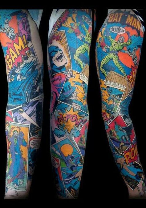 Comic panel sleeve Batman Sleeve, Super Hero Tattoos, Colorful Sleeve Tattoos, Book Tattoo Ideas, Comic Book Tattoo, Hero Tattoo, Tattoo Sites, Colorful Tattoos, Comic Tattoo