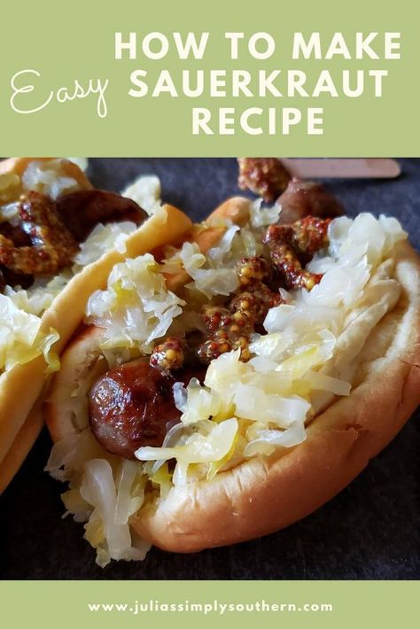 How to make fermented sauerkraut with just two simple ingredients. Enjoy tangy healthy homemade sauerkraut with many dishes. #fermentedfoods #canning #preservingfood #selfreliant #cabbage #sauerkraut #juliassimplysouthern Brats And Sauerkraut, Chili Cheese Hot Dog, Grilled Bratwurst, Beer Bratwurst, Grilled Brats, Baked Dish, Brats Recipes, Make Sauerkraut, Bratwurst Recipes