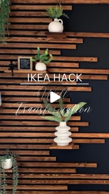 Ikea Hacks and Inspo on Instagram: "Elevate your wall with black paint, wooden slats and a touch of greenery! 🤗💫🌿  @riahanne shows us how to turn your bland wall to bold! 😃 check our her page for more details.   Follow us for more DIY Projects and hacks! @ikeahacksandinspo  🔗 link in Bio  #ikeahacksandinspo  #walltransformation #diy #ikeahack #ikeadeutschland #homemade #homedesign #interiordesign #interior" Slat Wall Green, Cheap Accent Wall Ideas Easy Diy, Wooden Slats On Wall, Wall Slats Decor, Slat Wall Ideas, Diy Feature Wall, Diy Wood Slat Wall, Framing Ideas, Wood Slat Wall