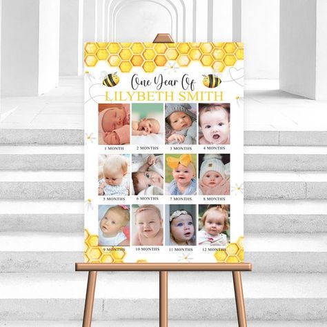 Editable Bee Milestone Board Baby's First Year Photo - Etsy First Birthday Bee Theme, My First Bee Day, First Bee Day, Daisy Theme, Birthday Photo Collage, Milestone Board, Collage Foto, First Birthday Pictures, Bee Day