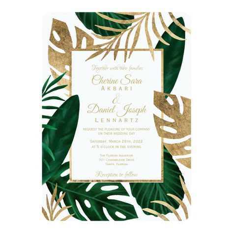 Create your own Invitation | Zazzle.com Green Leaf Watercolor, Tropical Glam, Tropical Invitations, Leaf Watercolor, Script Wedding Invitations, Tropical Beach Wedding, Tropical Watercolor, Wedding Invitation Size, Watercolor Green