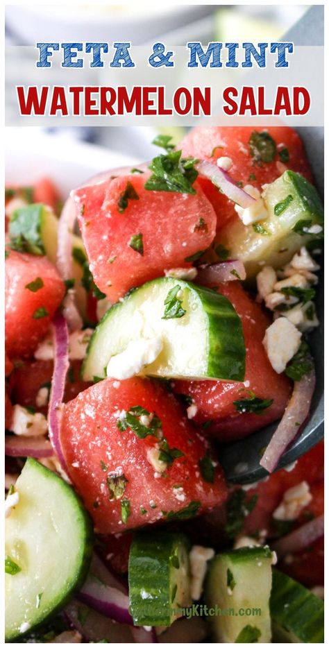 Change your summer salad game with our Cucumber Watermelon Salad. This salad features a mouthwatering blend of juicy watermelon, crisp cucumber, salty feta cheese, and fresh basil and mint. Discover your new favorite summer recipe by clicking through! Watermelon Salad Recipes, Feta Cheese Salad, Bbq Side, Feta Salat, Watermelon Feta Salad, Salad With Feta, Mint Salad, Watermelon And Feta, Mint Recipes